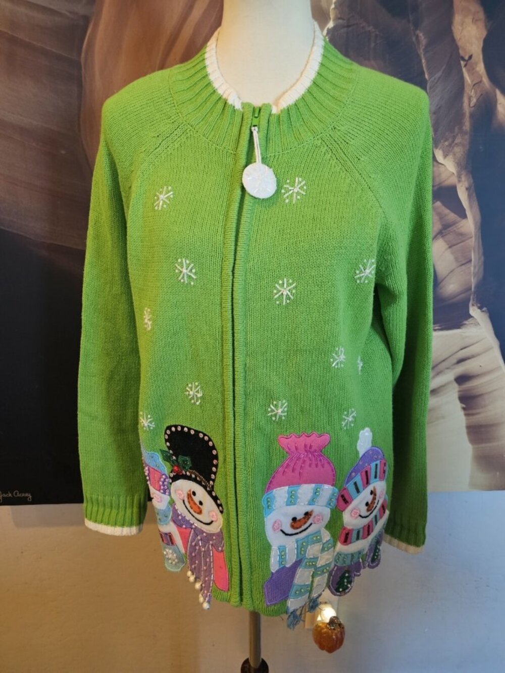 Tiara International Full Zip Christmas Knit Cardigan Snowman Embroidered Women L